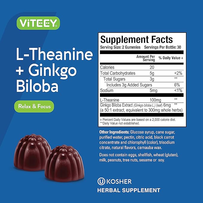 L-Theanine Gummies with Ginkgo Biloba for Adults - Aids in Focus & Relax, Improve Mood - Non GMO, Gelatin Free, Vegan, Gluten Free, Naturally Sourced Chewable Tasty Raspberry Flavored Gummy