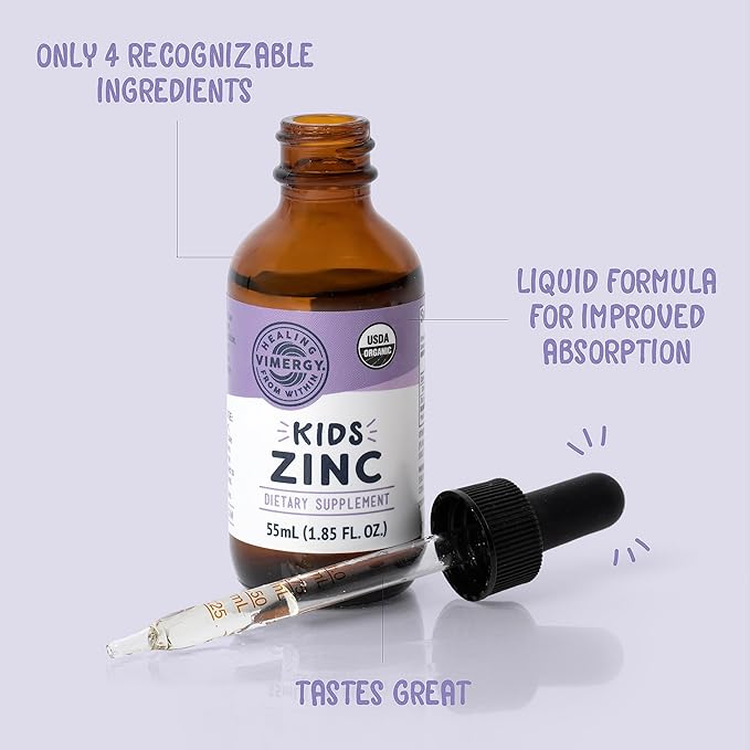 Vimergy Kids Organic Liquid Zinc – Fast-Absorbing Immune Support* – Promotes Healthy Bones & Skin – USDA Organic, Kosher, Vegan, Non-GMO – 55 mL