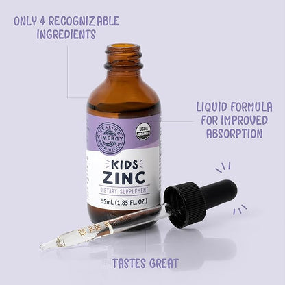 Vimergy Kids Organic Liquid Zinc – Fast-Absorbing Immune Support* – Promotes Healthy Bones & Skin – USDA Organic, Kosher, Vegan, Non-GMO – 55 mL