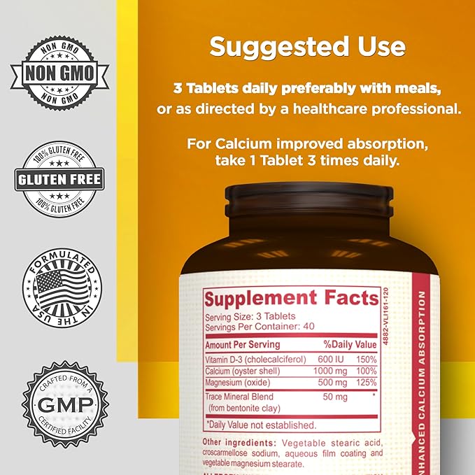 Bone Health Calcium 1000mg, Magnesium 500mg 600IU. Potent 120 Count