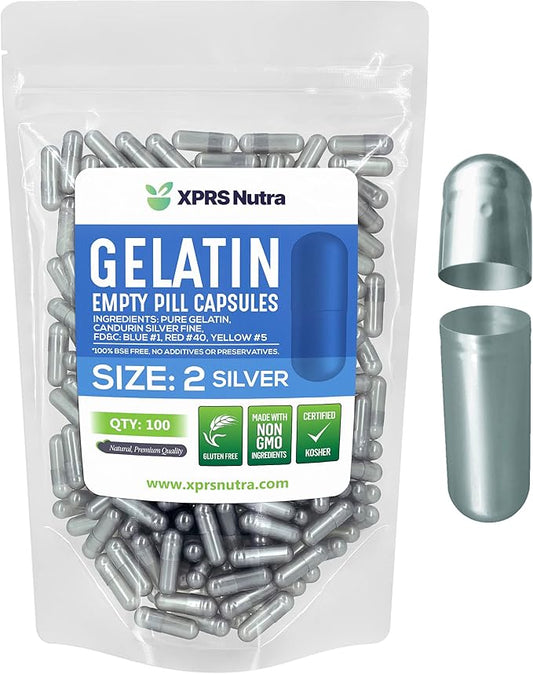 XPRS Nutra Size 2 Empty Capsules - 100 Count Empty Gelatin Capsules - Empty Pill Capsules - DIY Supplement Capsule Filling - Fillable Color Gel Caps Pills (Silver)
