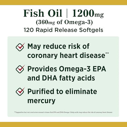 Nature's Bounty Fish Oil, Dietary Supplement, 3, Supports 1200 Mg, 120 Rapid