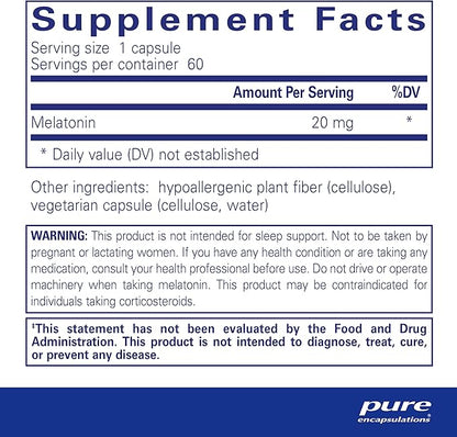 Pure Encapsulations Melatonin 20 mg 99.5% Purity 60 Capsules