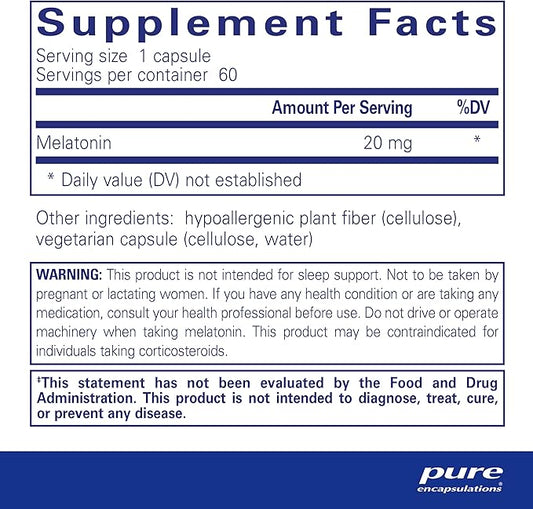 Pure Encapsulations Melatonin 20 mg 99.5% Purity 60 Capsules