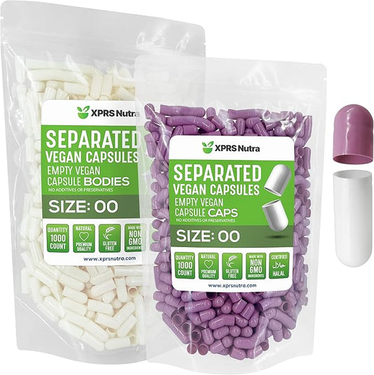 XPRS Nutra Vegan Size 00 Separated Capsules - 1000 Count Premium Empty Capsules Separated in Bags - Separated Empty 00 Capsules - Pill Capsules Empty for DIY Supplement Filling (Lavender/White)