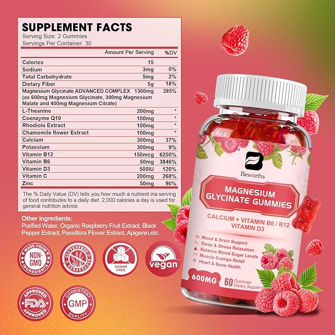 Magnesium Glycinate Gummies, 600Mg Magnesium Supplement Q10, Vitamin, 120 Vegan