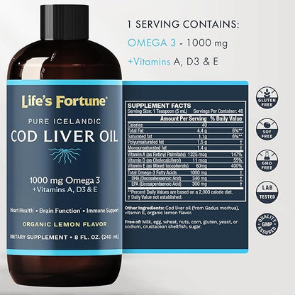 Life's Fortune Cod Liver Oil Liquid (8 Oz) 1,000 mg D3 - 100% Fish