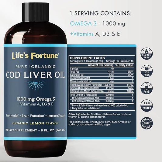 Life's Fortune Cod Liver Oil Liquid (8 Oz) 1,000 mg D3 - 100% Fish