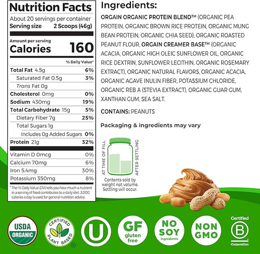 Orgain Organic Vegan Protein Powder, Peanut Butter - 21g Plant Protein, 7g Prebiotic Fiber, Low Net Carb, No Dairy Ingredients, No Added Sugar, For Shakes & Smoothies, 2.03 lb (Packaging May Vary)