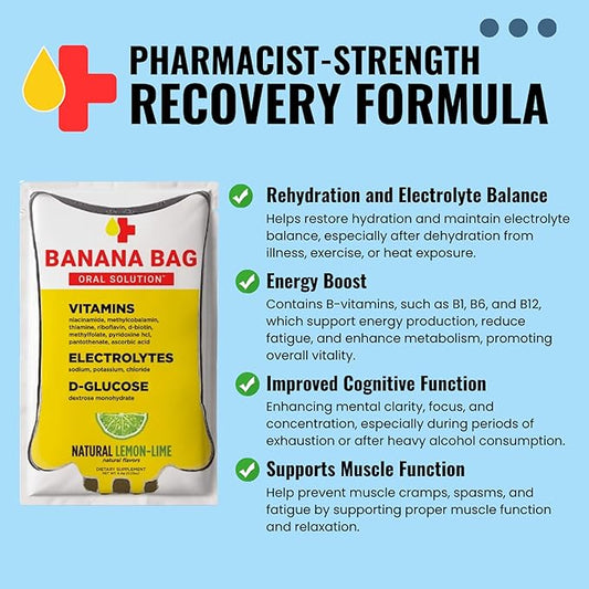 Banana Bag Oral Solution Packets – Natural Lemon Lime 30pk Pouch | A Refreshing Blend of Electrolytes, Vitamin C, and B-Complex for Daily Hydration and Energy | Perfect for Any Lifestyle.