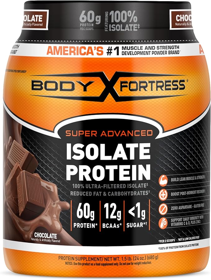 Body Fortress Super Advanced 100% Ultra-Filtered 60g Protein 12g BCAAs 2 Scoops, 1.5lbs