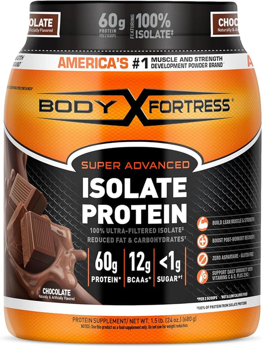Body Fortress Super Advanced 100% Ultra-Filtered 60g Protein 12g BCAAs 2 Scoops, 1.5lbs