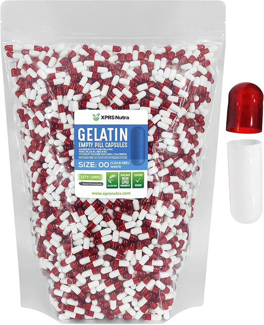 XPRS Nutra Size 00 Empty Capsules - 5000 Count Empty Gelatin Capsules - Empty Pill Capsules - DIY Capsule Filling - Fillable Pill Capsules Empty Gel Caps (Clear Red/White)