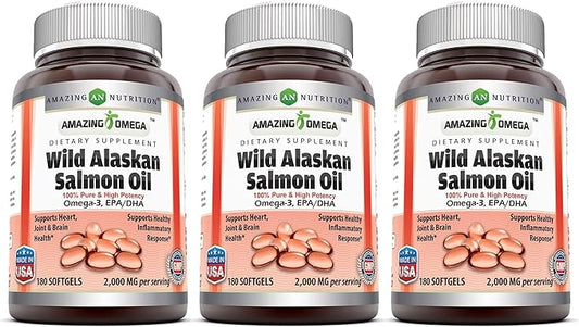 Amazing Omega Wild Alaskan Salmon Oil 2000mg Per Serving Softgels Supplement (180 | 3 Pack)