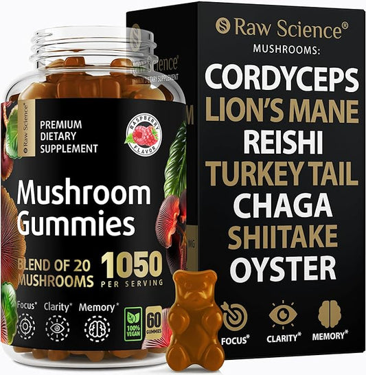 Mushrooms Complex Gummies with Lions Mane, Nootropic Brain Supplements for Memory and Focus: Lion's Mane, Cordyceps, Shiitake, Turkey Tail, Reishi, Chaga, Enoki, Oyster Mushroom Supplement - 60 Units