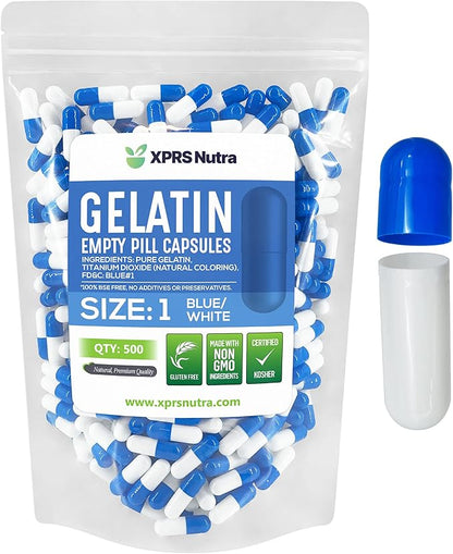 XPRS Nutra Size 1 Empty Capsules - 500 Count Empty Gelatin Capsules - Empty Pill Capsules - DIY Capsule Filling - Pure Bovine Pill Capsules Empty Gel Caps (Blue/White)