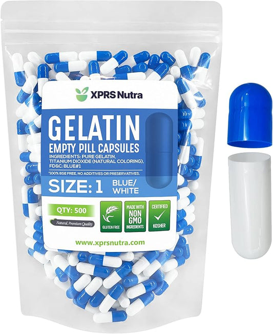 XPRS Nutra Size 1 Empty Capsules - 500 Count Empty Gelatin Capsules - Empty Pill Capsules - DIY Capsule Filling - Pure Bovine Pill Capsules Empty Gel Caps (Blue/White)