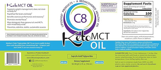 LIFESENSE C8 MCT Oil, Keto-Friendly, Sourced from Coconut Oil, Clinically Proven to Increase Ketone Production, Optimal Fuel for The Brain and Body, Made in USA by PhD Nutrition, 32 oz
