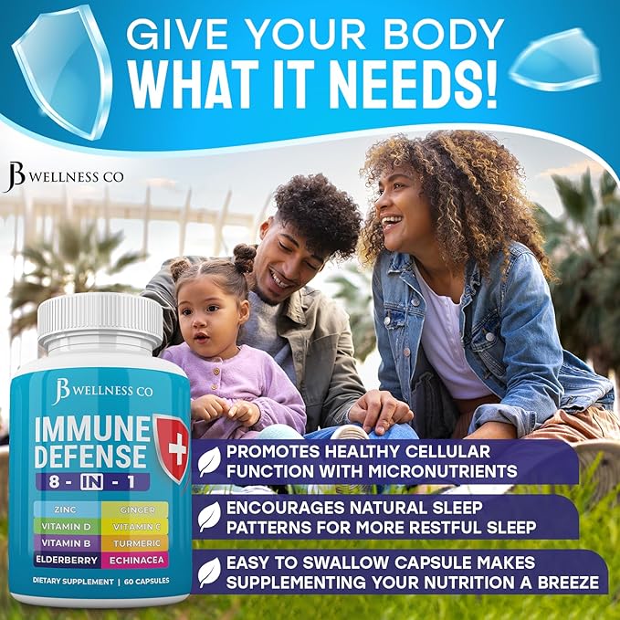Immune Support 8 in 1 Capsules - Zinc Supplement, Vitamin D3 5000 IU, Vitamin C 1000MG and Elderberry - Immune Booster Supplement with Echinacea, Ginger Root, and Turmeric - [3-Pack, 180 Count]