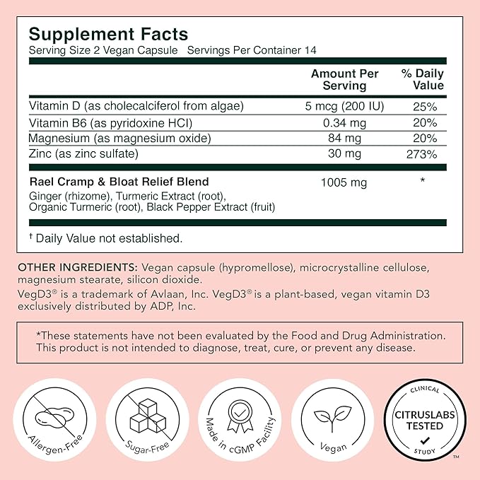 Rael PMS Supplement, Hormone Balance for Women, Relief from Menstrual Cramps, Period Bloating, Mood Swings Treatment with Turmeric, Ginger, Magnesium, No NSAIDs, Vegan (28 Capsules)