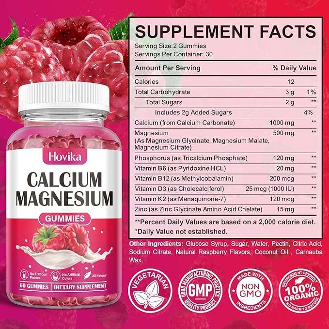 Calcium Magnesium Zinc Gummies, Calcium Magnesium 2:1 Ratio D3, K2, K2, B6, B6, B12 B12 for 60 Gummies