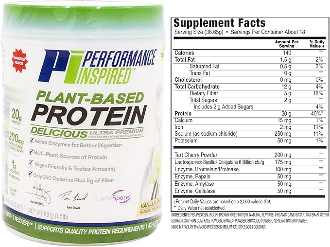Performance Inspired Nutrition Plant-Based Protein Powder 20G - 1B Probiotics 1.5 Lb
