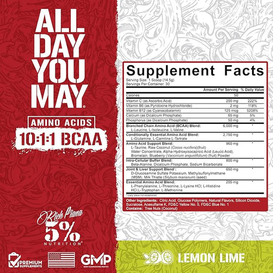 5% Nutrition Rich Piana AllDayYouMay BCAA Powder | Premium Intra & Post Workout Amino Acids, Hydration, Endurance, Muscle Recovery, Joint & Liver Support | 15.3 oz, 30 Servings (Lemon Lime)