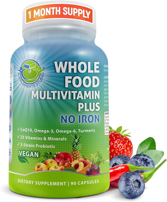Vegan Whole Food Multivitamin without Iron, CoQ10, Omegas, 90 Count