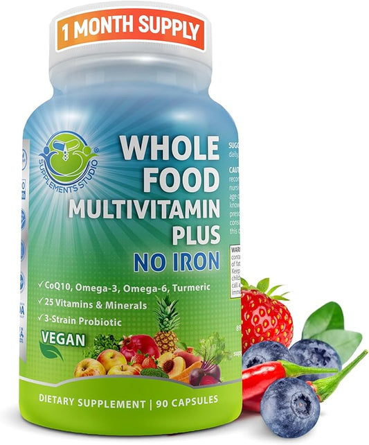 Vegan Whole Food Multivitamin without Iron, CoQ10, Omegas, 90 Count