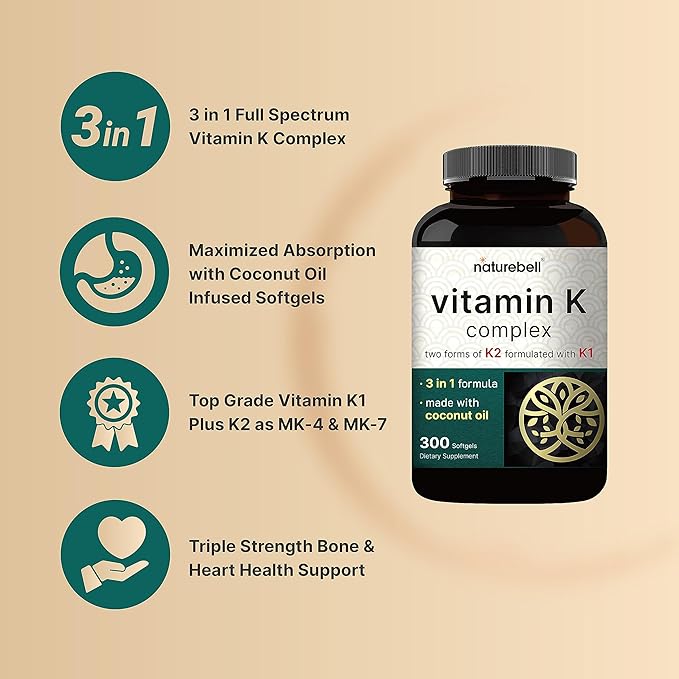 NatureBell Vitamin K Complex, K1 + K2 (MK-7 (MK-7 & MK-4) 2,600mcg 2,600mcg Per 300 Coconut