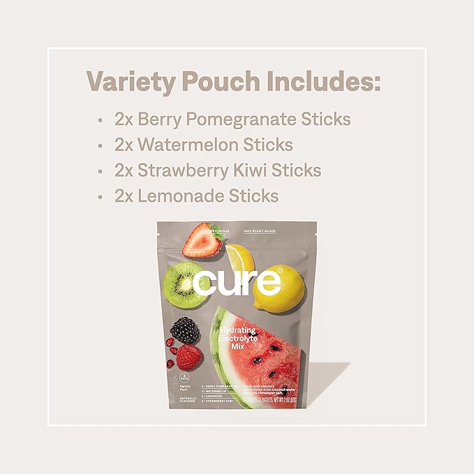Cure Hydration | Plant-Based Electrolyte Drink Mix | No Added Sugar | FSA & HSA | Dehydration Relief Powder Made with Coconut Water | Non-GMO | Vegan | 8 Servings - Variety Pack