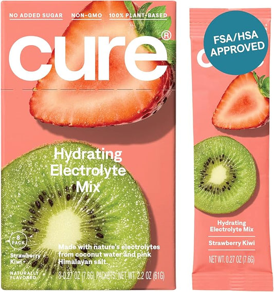Cure Hydration | Plant-Based Electrolyte Drink Mix | No Added Sugar | FSA & HSA | Dehydration Relief Powder Made with Coconut Water | Non-GMO | Vegan | Box of 8 Packets - Strawberry Kiwi