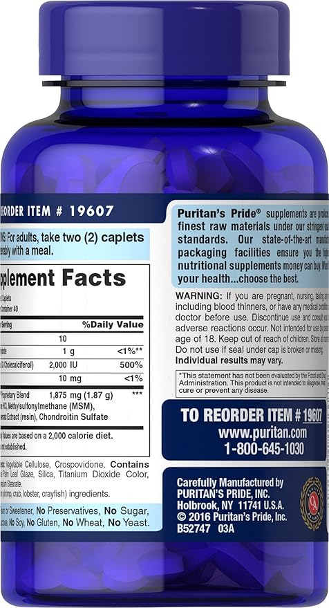 Puritan's Pride Triple Strength Glucosamine Chondroitin D3 Caplets, 80 Count