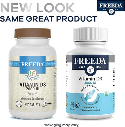 FREEDA Vitamin D3-5000 IU - Pure High Potency Kosher Supplement Tablets - Bone and Muscle Health, Calcium Absorption, Immune Support for Men and Women* - 100 Count