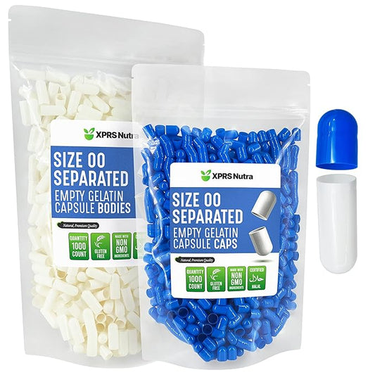 XPRS Nutra Size 00 Separated Capsules - 1000 Count Gelatin Empty Capsules Separated in Bags - Empty Capsules- Separated Empty 00 Capsules- Pill Capsules Empty for DIY Supplement Filling (Blue/White)