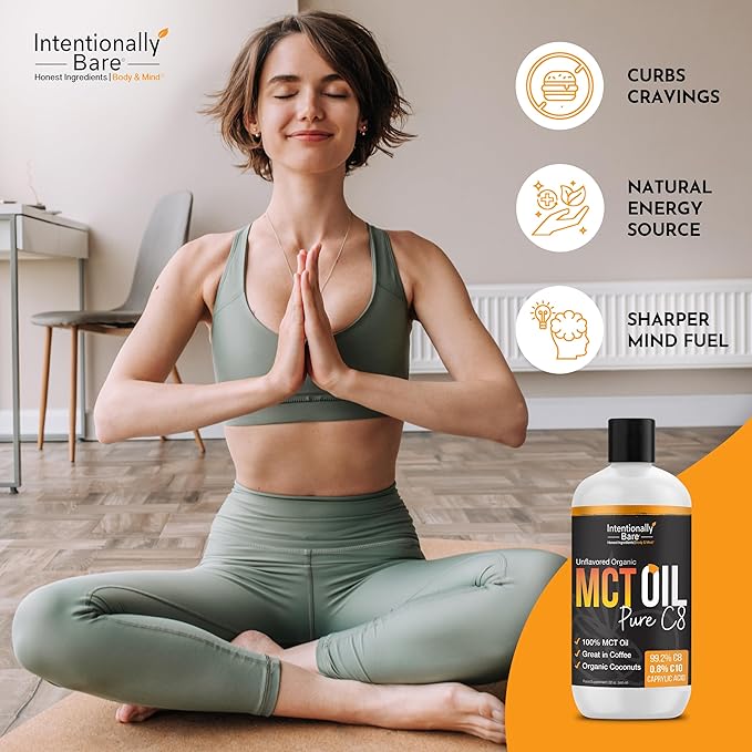 Intentionally Bare Pure C8 MCT Oil Organic - Brain Octane C8 MCT Oil for Keto Paleo & Vegan Diet - Unflavored MCT Oil C8 for Bulletproof Coffee Shakes & Salads - 100% Pure MCT Oil 32 oz