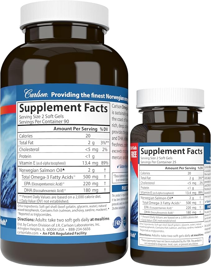 Carlson - Norwegian Salmon Oil, 500 Omega-3s, Norwegian 3 Salmon 180+50 Softgels