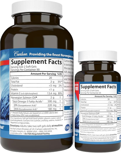 Carlson - Norwegian Salmon Oil, 500 Omega-3s, Norwegian 3 Salmon 180+50 Softgels