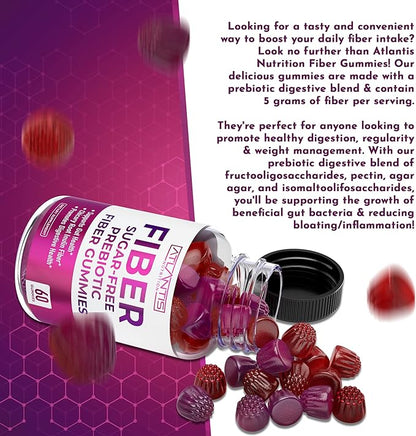Atlantis Nutrition Sugar Free Fiber Gummies for Adults - 5G Fiber Supplement Formulated with 5.4G Prebiotic Digestive Blend - Supports Gut Health & Promotes Healthy Digestion - 2-Pack 120 Gummies