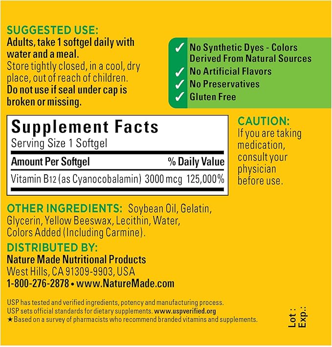 Nature Made Extra Strength Vitamin B12 3000 mcg, 60 Softgels, 60 Day