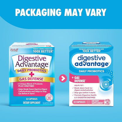 Digestive Advantage Gas Defense, Daily Probiotics for Women & Men Digestive Health with 5 Digestive Enzymes, Supports Gut Health & Stops Gas Before Start, with Immune Support, 32 Capsules