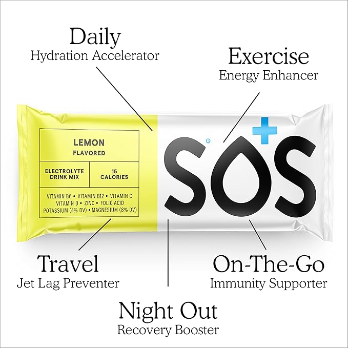 SOS Hydration Electrolyte Powder Drink Packets; Daily Hydration & Energy; Added Essential Vitamins; Low Sugar: 24 Servings