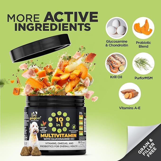 Googipet Premium 10 in 1 Dog Vitamins Multivitamin Chewable w/Dog Probiotics for Gut Health, Dog Vitamins and Supplements w/Vitamin C & Glucosamine for Joint Support (Chicken & Vegetable Flavor)
