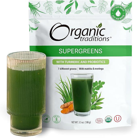Organic Traditions Super Greens Powder Superfood with Turmeric, Organic Greens Superfood Powder, 100g/3.5oz Bag