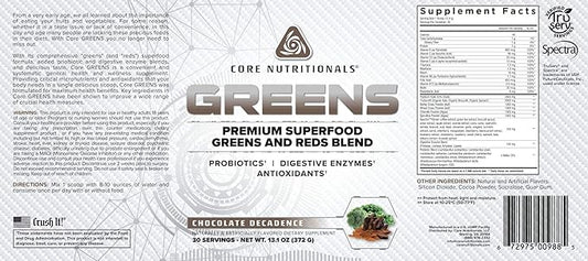 Core Nutritionals Greens Platinum Premium Superfood Greens and Reds Blend, Supports Digestion and Gut Health, 5 Billion CFU Probiotic,30 Servings (Chocolate)