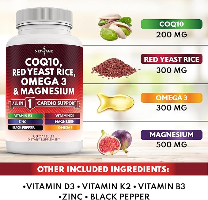NEW AGE COQ10 200mg Red Yeast Rice 3000mg Omega 3-6-9 3000mg Magnesium Complex 500mg Zinc Vitamin K2 D3 - Heart Health Support Vitamins for Women and Men with Vitamin B3, Coenzyme Q10-60 Count