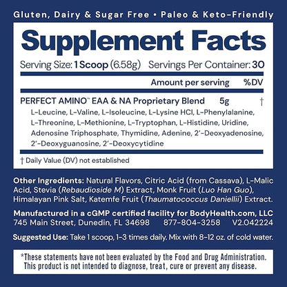 BodyHealth PerfectAmino Powder - BCAA and EAA Powder for Pre and Post Workout - Amino Acid Energy Drink Powder for Men and Women to Support Lean Muscle and Recovery - Mixed Berry - 30 Servings