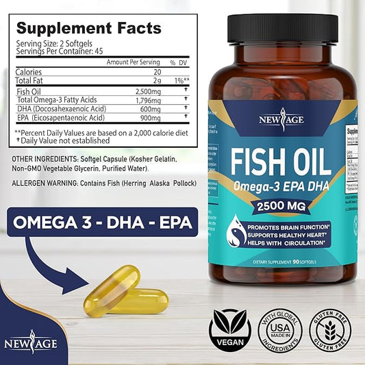 NEW AGE Omega 3 Fish Oil 2500mg Supplement (90 Softgels 1))