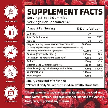 Magnesium Glycinate Gummies 1000mg with Magnesium B6, CoQ10, CoQ10, Calcium,Supports 90 Gummies