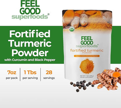 FeelGood Organic Superfoods Fortified Turmeric Powder 95% Curcuminoids, 7 oz